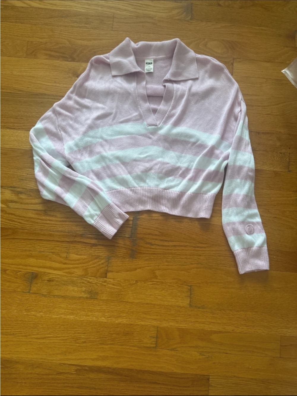 PINK Victoria's Secret Pink and White Striped Cropped Polo Sweater